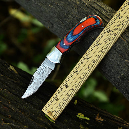 Customs Handmade Damascus Steel Hunting Folding Knife Steel Wood Handle