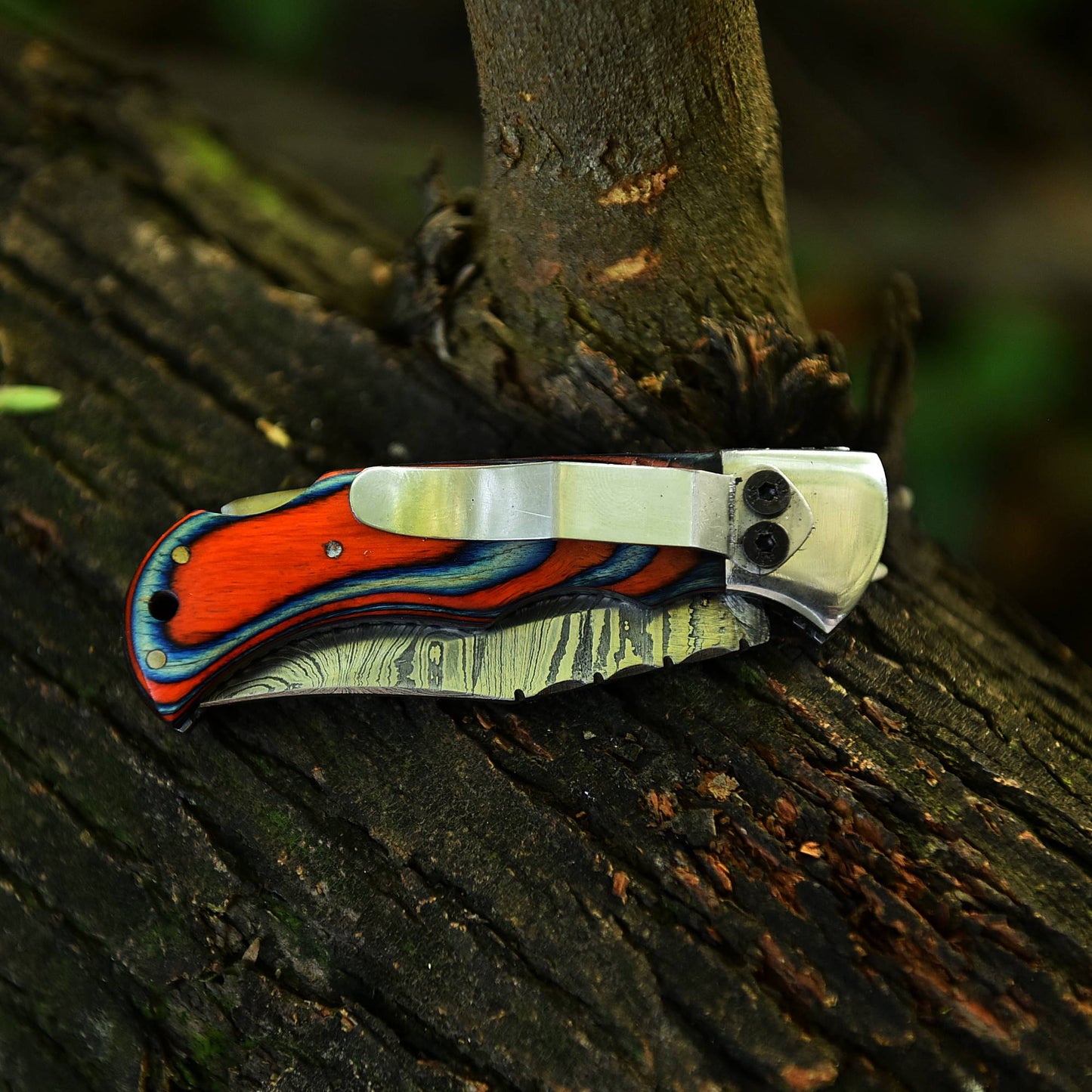 Customs Handmade Damascus Steel Hunting Folding Knife Steel Wood Handle