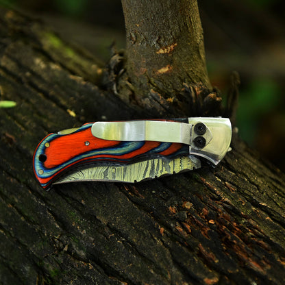 Customs Handmade Damascus Steel Hunting Folding Knife Steel Wood Handle