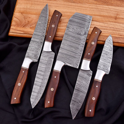 Handmade Forged Damascus Chef Knife Set Steel Bolster Wood Handle