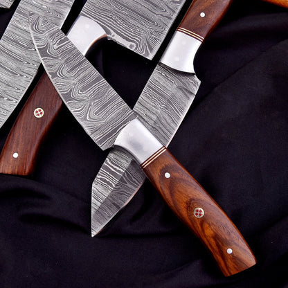 Handmade Forged Damascus Chef Knife Set Steel Bolster Wood Handle