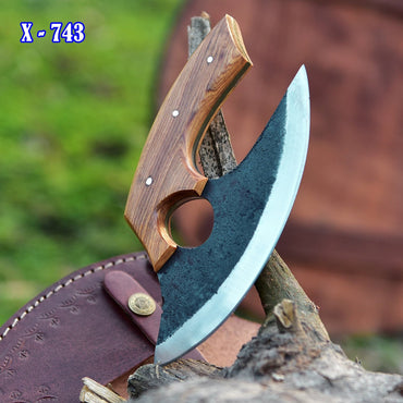 Handmade Carbon Steel Ulu Chef Knife - with Leather Sheath