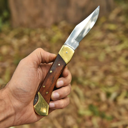 Handmade Carbon 1095 Steel Folding Pocket Knife Brass Wood Handle