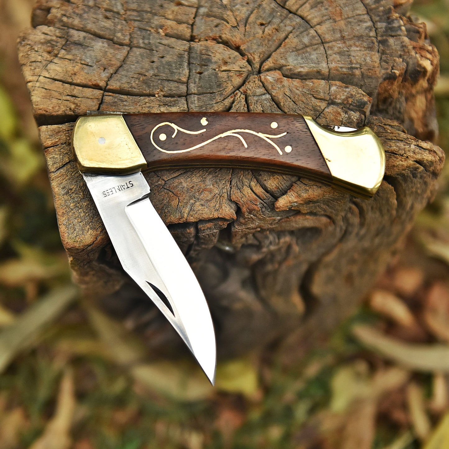 Handmade Carbon 1095 Steel Folding Pocket Knife Brass Wood Handle