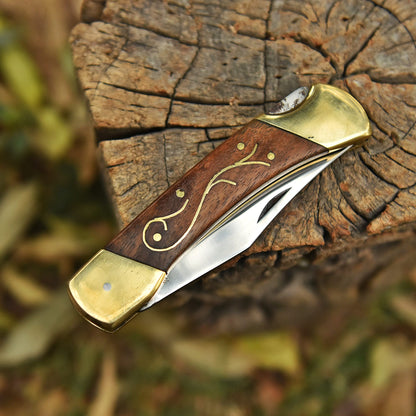 Handmade Carbon 1095 Steel Folding Pocket Knife Brass Wood Handle