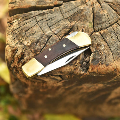 Handmade Carbon 1095 Steel Folding Blade Pocket Knife Wood Brass Handle
