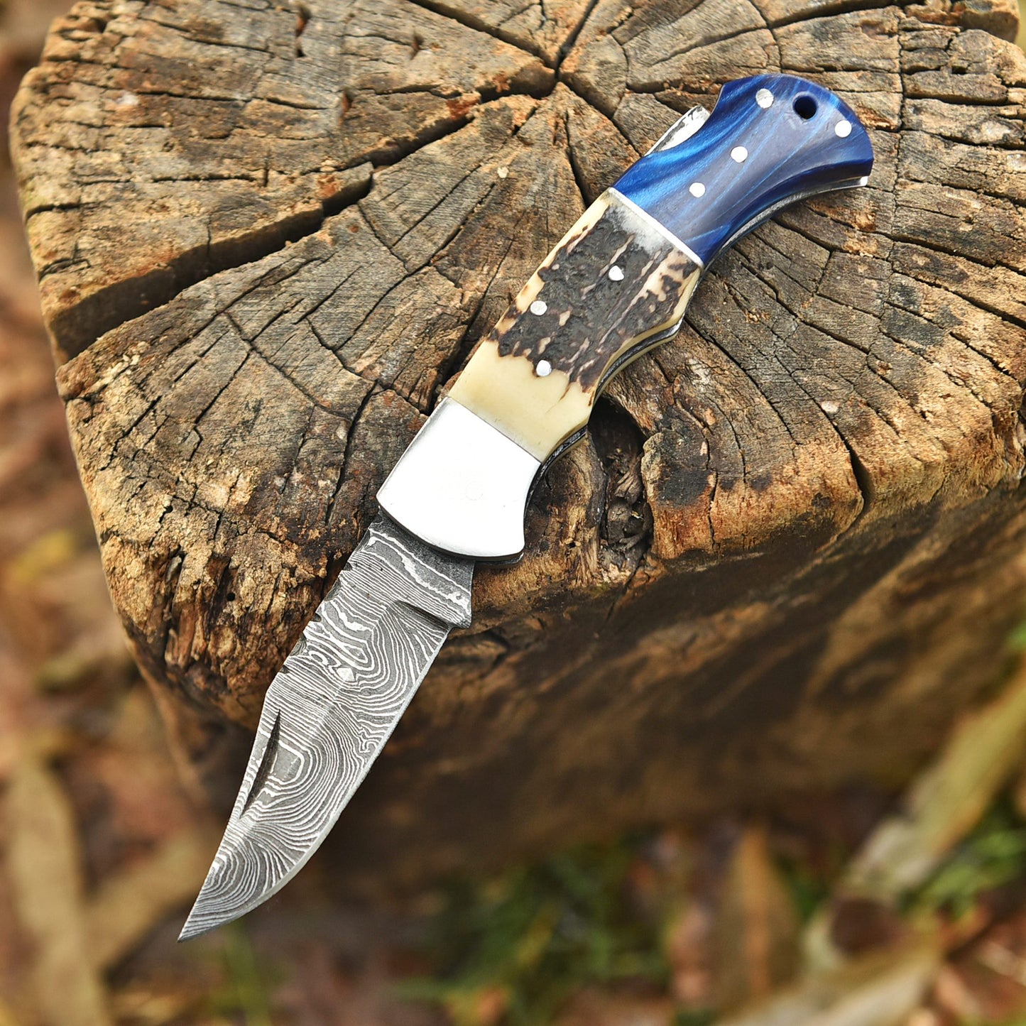 Handmade Damascus Steel  Folding Blade Outdoor Hunting Camping Pocket Knife