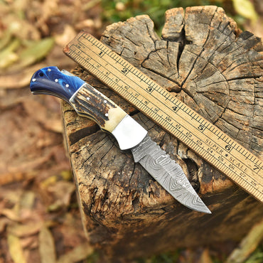Handmade Damascus Steel  Folding Blade Outdoor Hunting Camping Pocket Knife