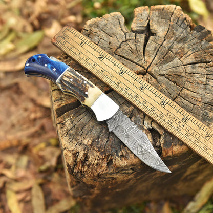 Handmade Damascus Steel  Folding Blade Outdoor Hunting Camping Pocket Knife