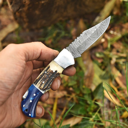 Handmade Damascus Steel  Folding Blade Outdoor Hunting Camping Pocket Knife