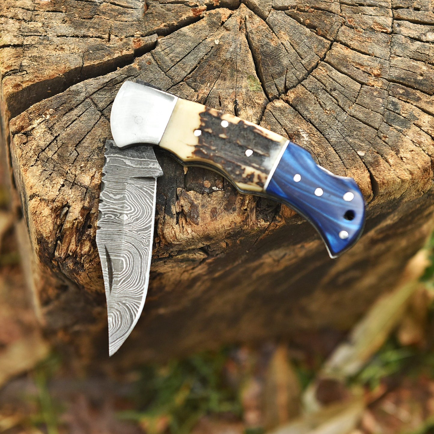 Handmade Damascus Steel  Folding Blade Outdoor Hunting Camping Pocket Knife