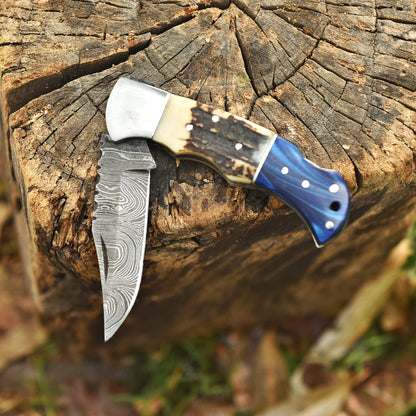 Handmade Damascus Steel  Folding Blade Outdoor Hunting Camping Pocket Knife