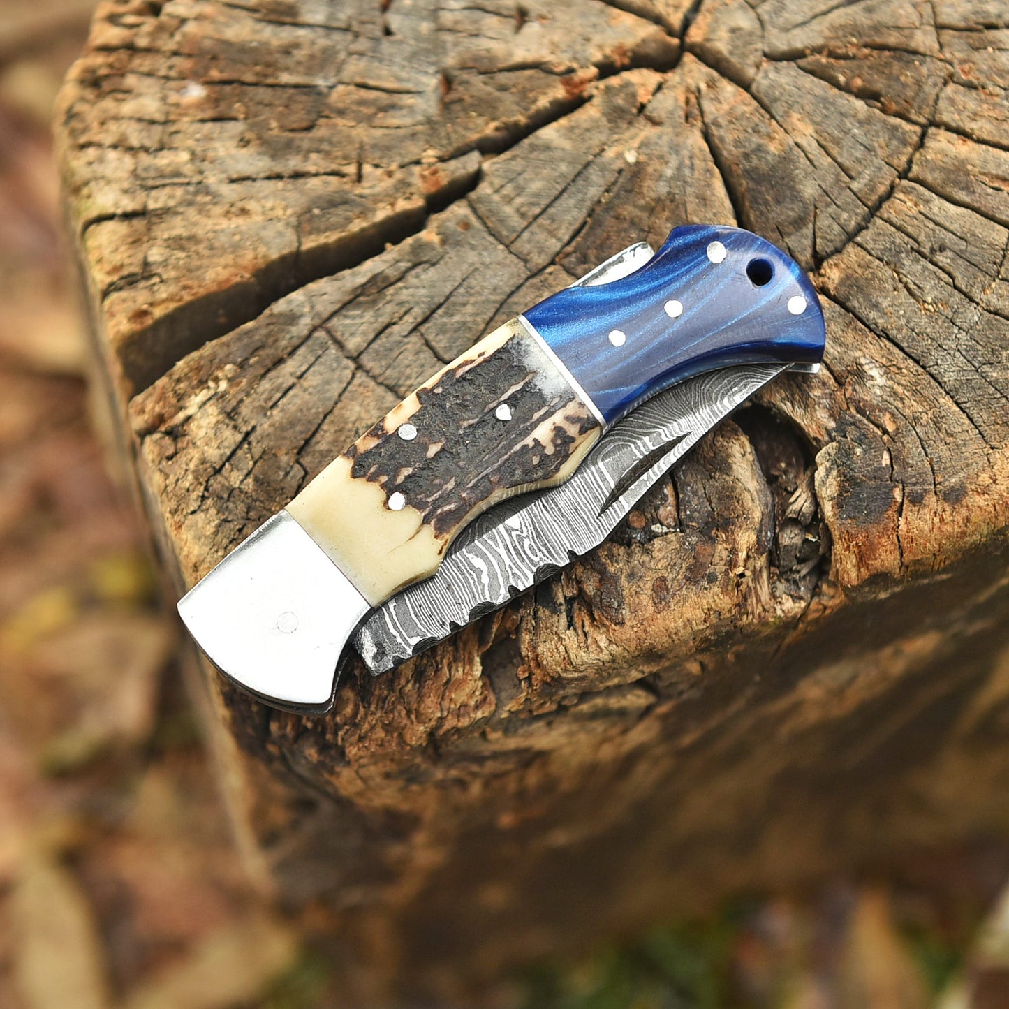 Handmade Damascus Steel  Folding Blade Outdoor Hunting Camping Pocket Knife