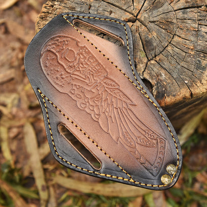 Handmade Leather Fixed Blade Knife Sheath Skull Embossed Belt Holster