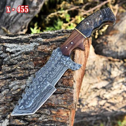 Custom Handmade Forged Damascus Steel Fixed Tanto Hunting Survival Tracker knife- Ram Horn & Wood Handle