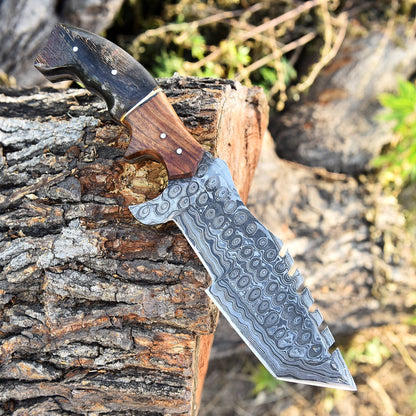 Custom Handmade Forged Damascus Steel Fixed Tanto Hunting Survival Tracker knife- Ram Horn & Wood Handle