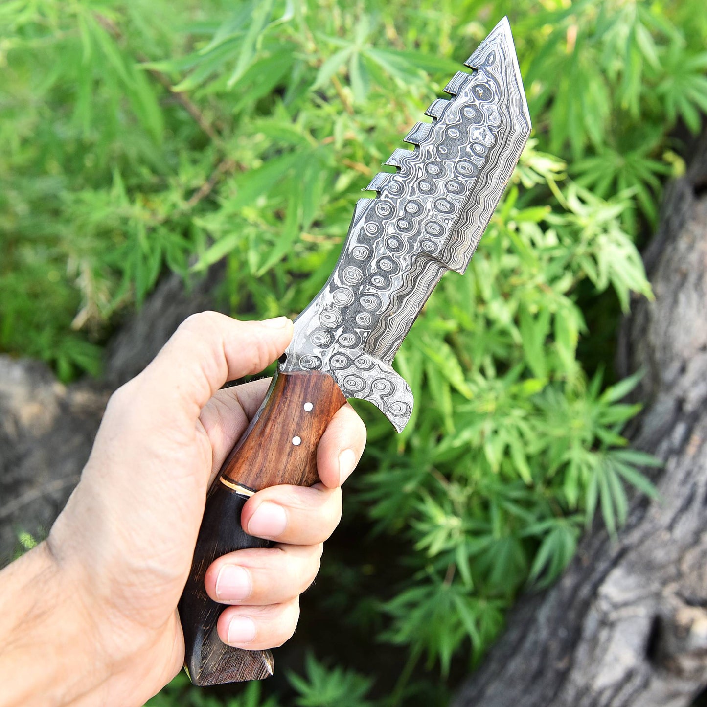 Custom Handmade Forged Damascus Steel Fixed Tanto Hunting Survival Tracker knife- Ram Horn & Wood Handle