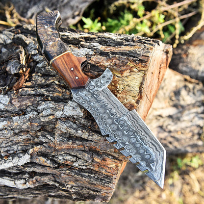 Custom Handmade Forged Damascus Steel Fixed Tanto Hunting Survival Tracker knife- Ram Horn & Wood Handle