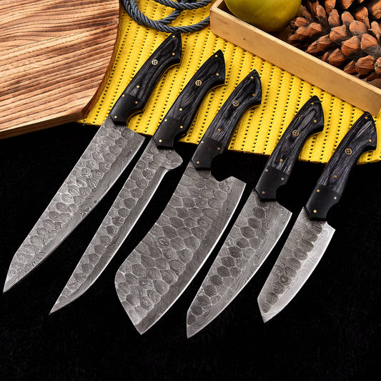 Handmade Damascus Steel Chef Knife Set - Full Tang, 5 Pieces