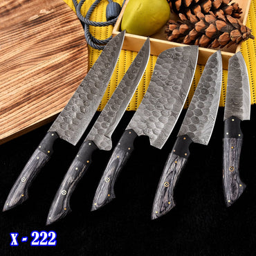 Handmade Damascus Steel Chef Knife Set - Full Tang, 5 Pieces