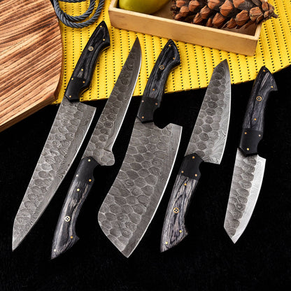 Handmade Damascus Steel Chef Knife Set - Full Tang, 5 Pieces