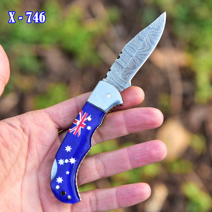 Customs Handmade Damascus Steel Folding Blade Pocket Knife With Sheath