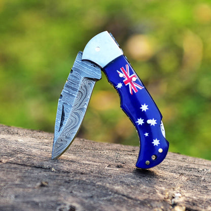 Customs Handmade Damascus Steel Folding Blade Pocket Knife With Sheath