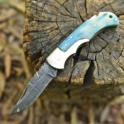 Custom Handmade Damascus Steel Blade Folding Pocket Knife With Sheath