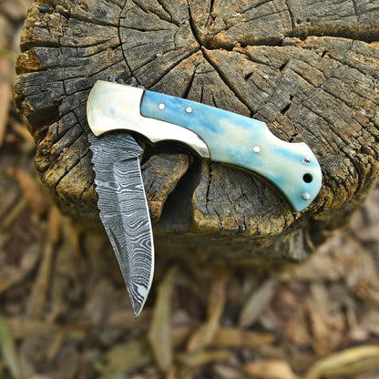 Custom Handmade Damascus Steel Blade Folding Pocket Knife With Sheath