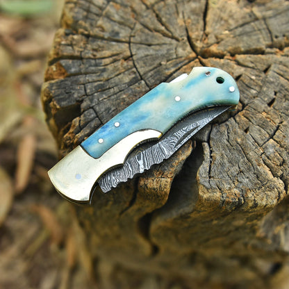 Custom Handmade Damascus Steel Blade Folding Pocket Knife With Sheath