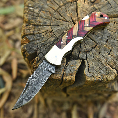 EDC Handmade Damascus Steel Folding Blade Pocket Camping Hiking Knife