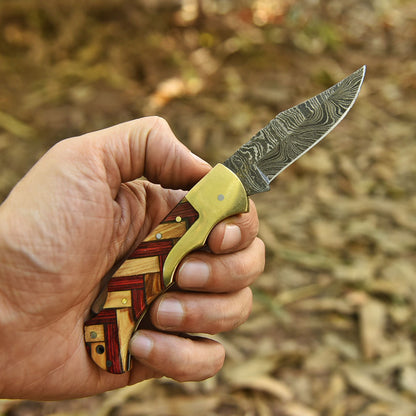 EDC Handmade Damascus Steel Folding Blade Pocket Camping Hiking Knife