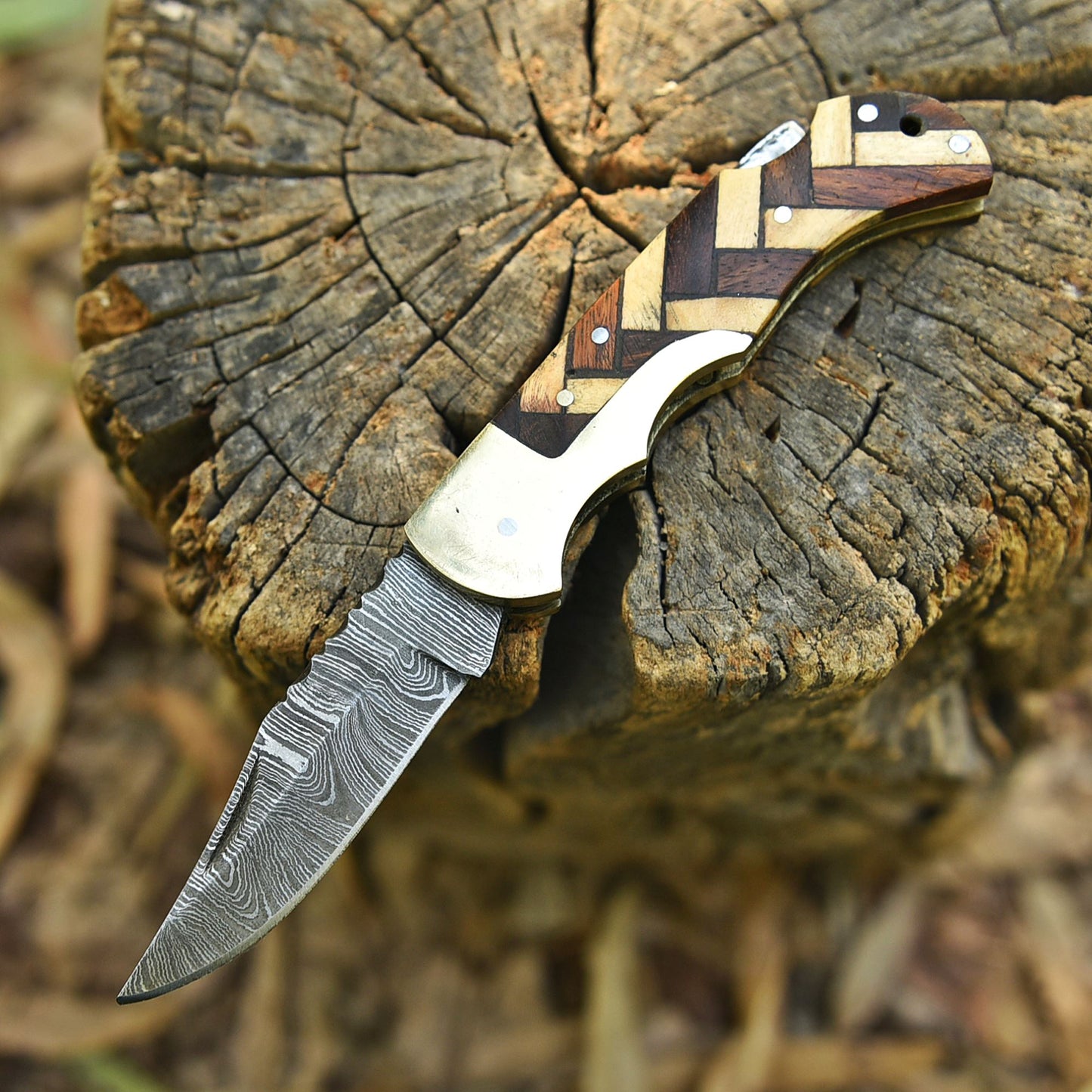 Outdoor Adventure Damascus Steel Folding Blade Pocket Knife EDC Wood Handle