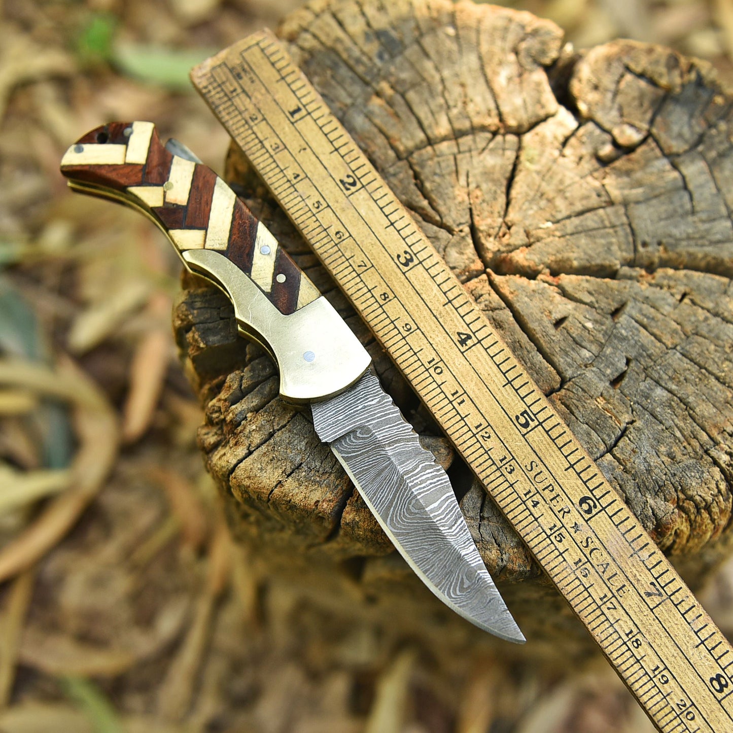 Outdoor Adventure Damascus Steel Folding Blade Pocket Knife EDC Wood Handle