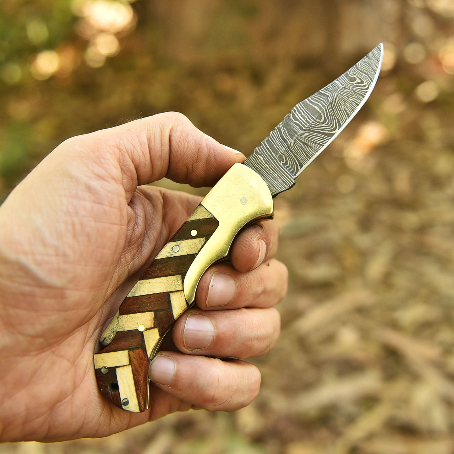 Outdoor Adventure Damascus Steel Folding Blade Pocket Knife EDC Wood Handle