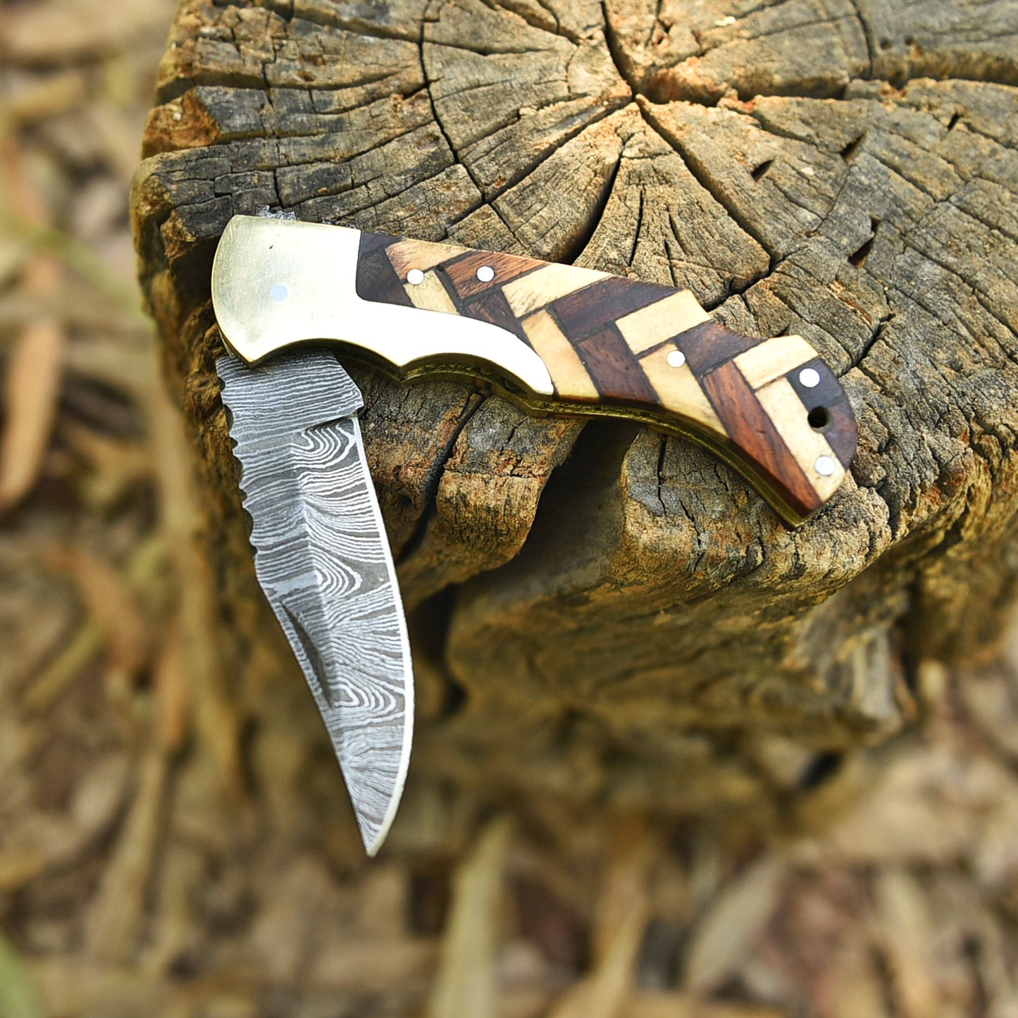 Outdoor Adventure Damascus Steel Folding Blade Pocket Knife EDC Wood Handle