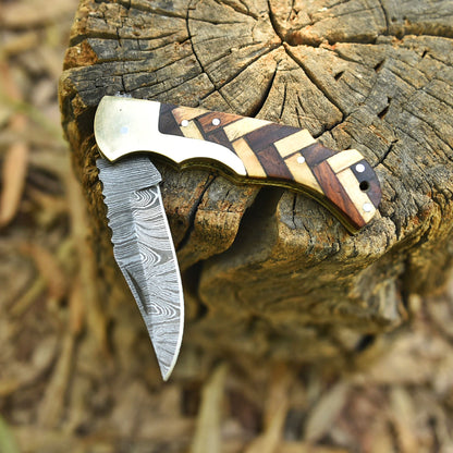 Outdoor Adventure Damascus Steel Folding Blade Pocket Knife EDC Wood Handle