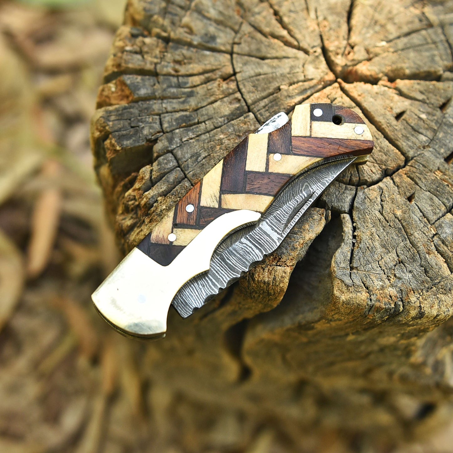 Outdoor Adventure Damascus Steel Folding Blade Pocket Knife EDC Wood Handle