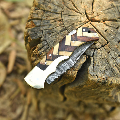 Outdoor Adventure Damascus Steel Folding Blade Pocket Knife EDC Wood Handle