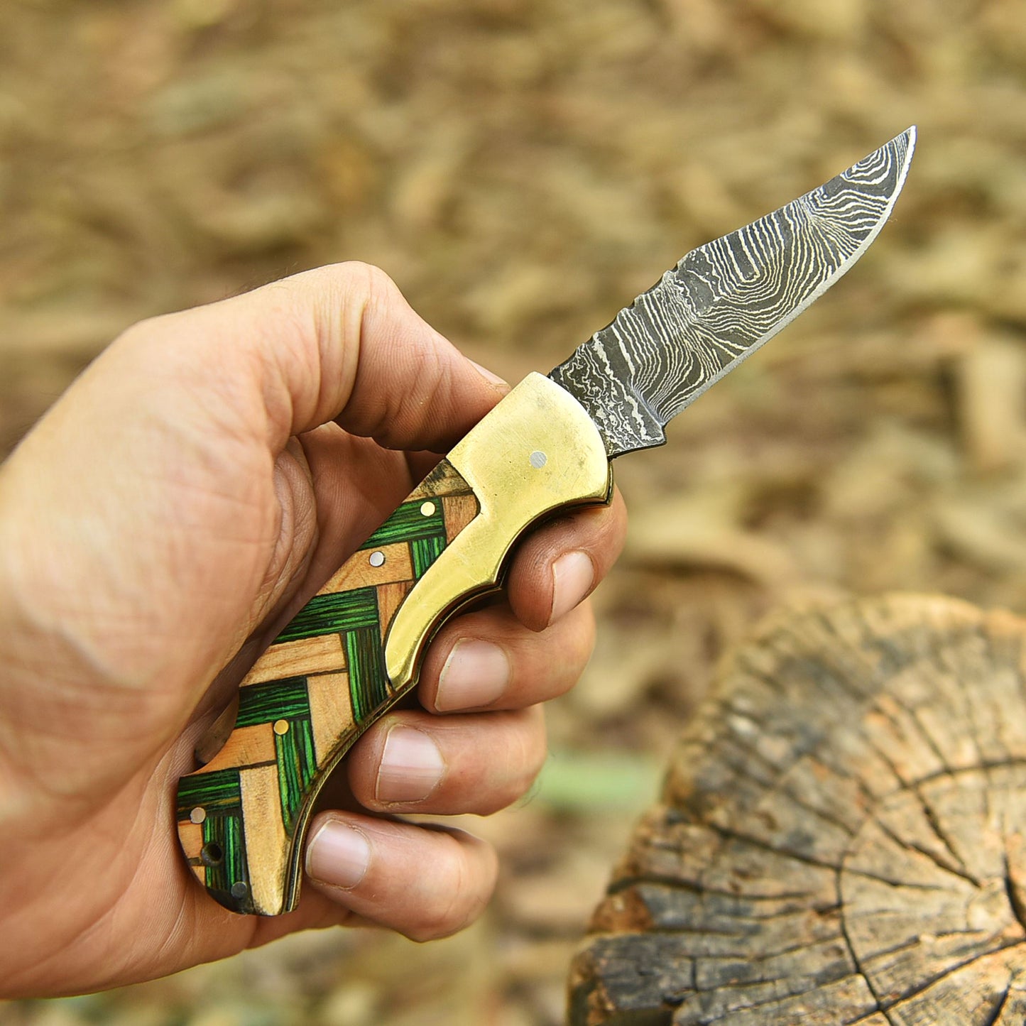 Custom Hand Forged Damascus Steel Folding Blade Knife EDC Cross Wood Handle