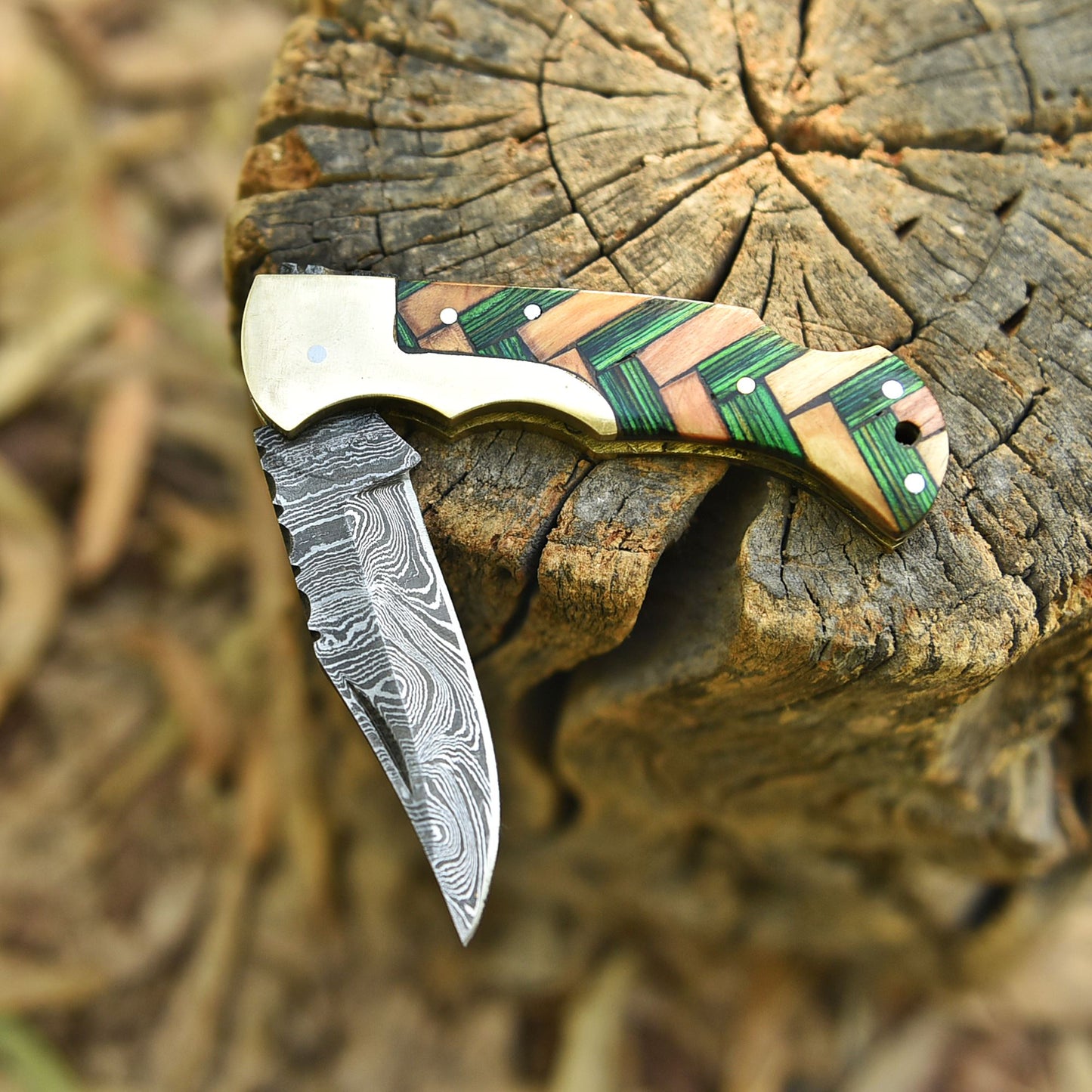 Custom Hand Forged Damascus Steel Folding Blade Knife EDC Cross Wood Handle