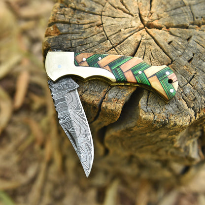 Custom Hand Forged Damascus Steel Folding Blade Knife EDC Cross Wood Handle