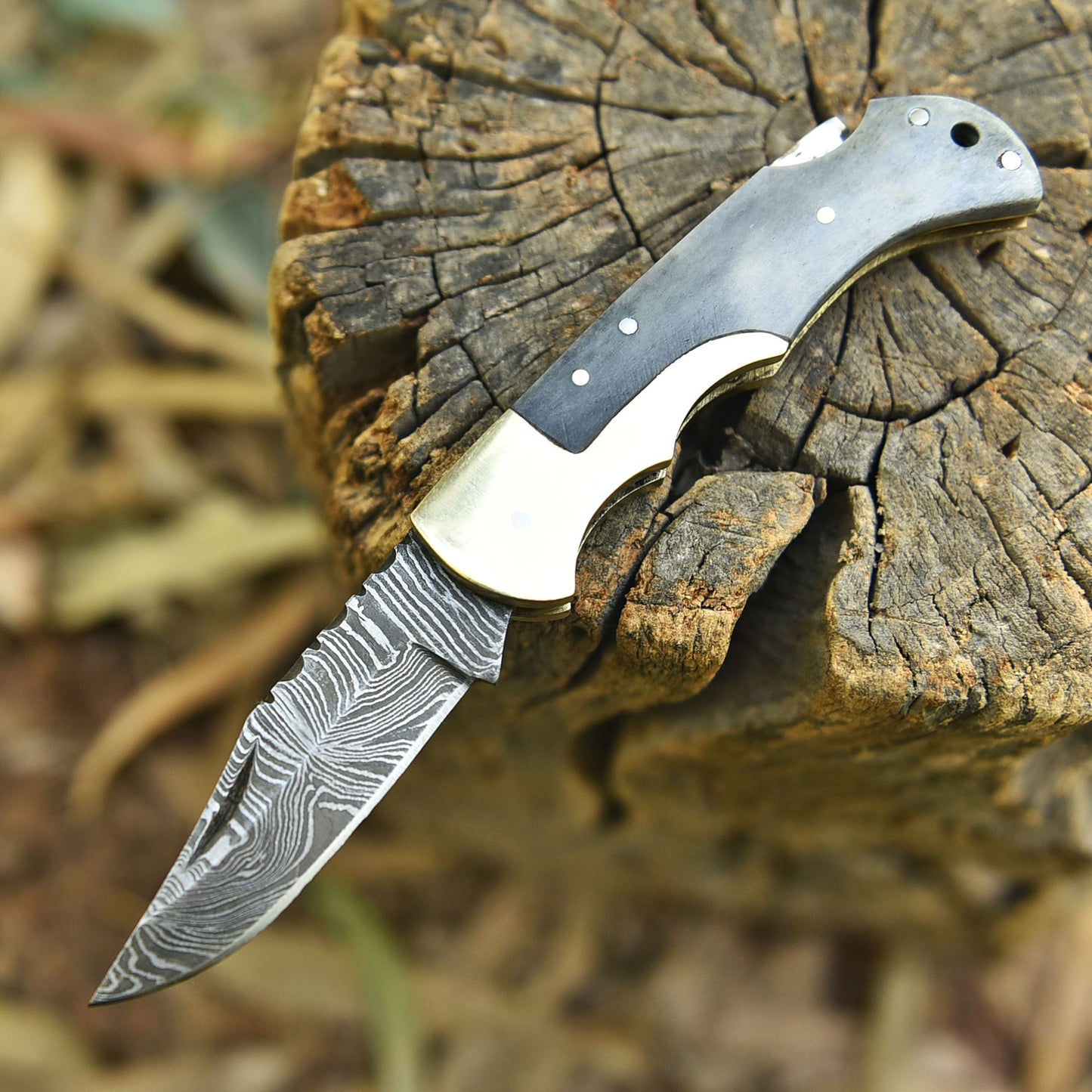 Outdoor Camping Hunting Damascus Steel Folding Knife Camel Bone Handle