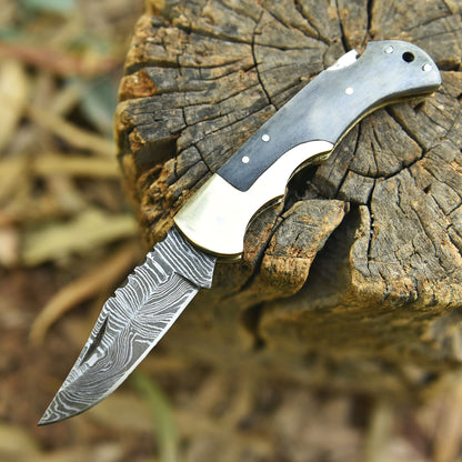Outdoor Camping Hunting Damascus Steel Folding Knife Camel Bone Handle
