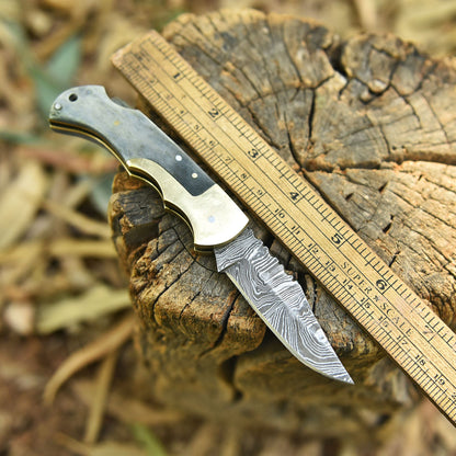 Outdoor Camping Hunting Damascus Steel Folding Knife Camel Bone Handle