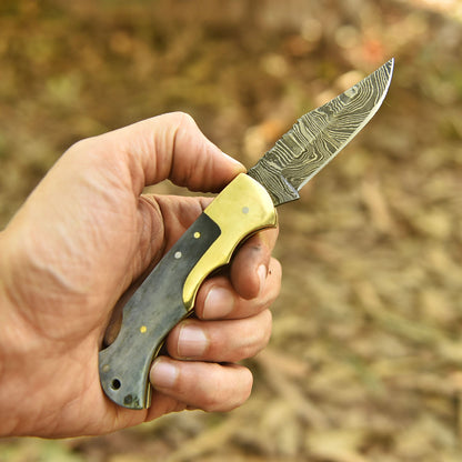 Outdoor Camping Hunting Damascus Steel Folding Knife Camel Bone Handle