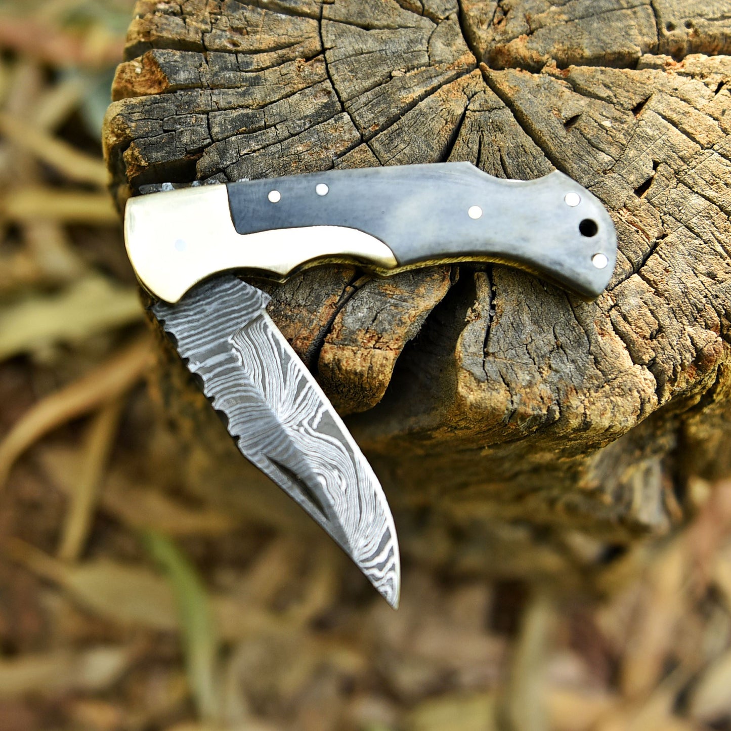 Outdoor Camping Hunting Damascus Steel Folding Knife Camel Bone Handle