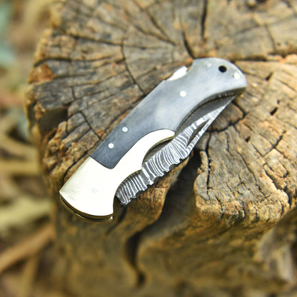 Outdoor Camping Hunting Damascus Steel Folding Knife Camel Bone Handle
