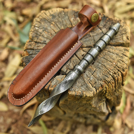 Handmade Damascus Steel Twist Blade Dagger Hunting Adventure Knife With Sheath