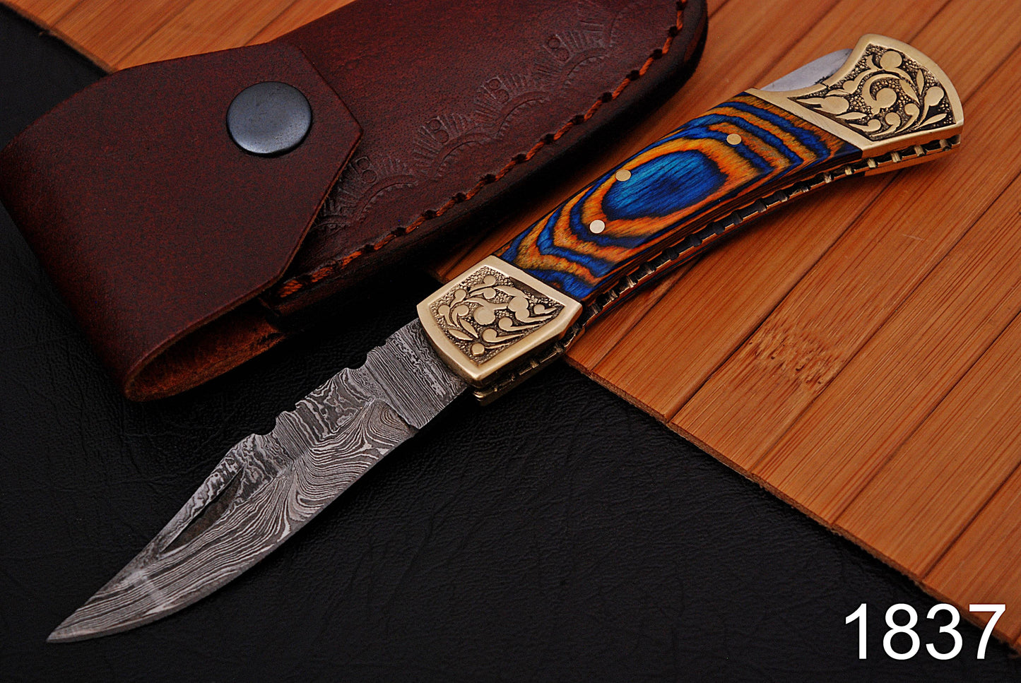 Custom Handmade Damascus Steel Folding Pocket Knife With Sheath